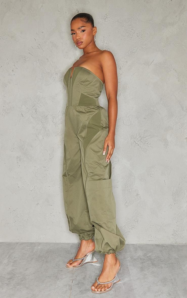 Khaki Contrast Panel V Bar Cargo Jumpsuit Product Image