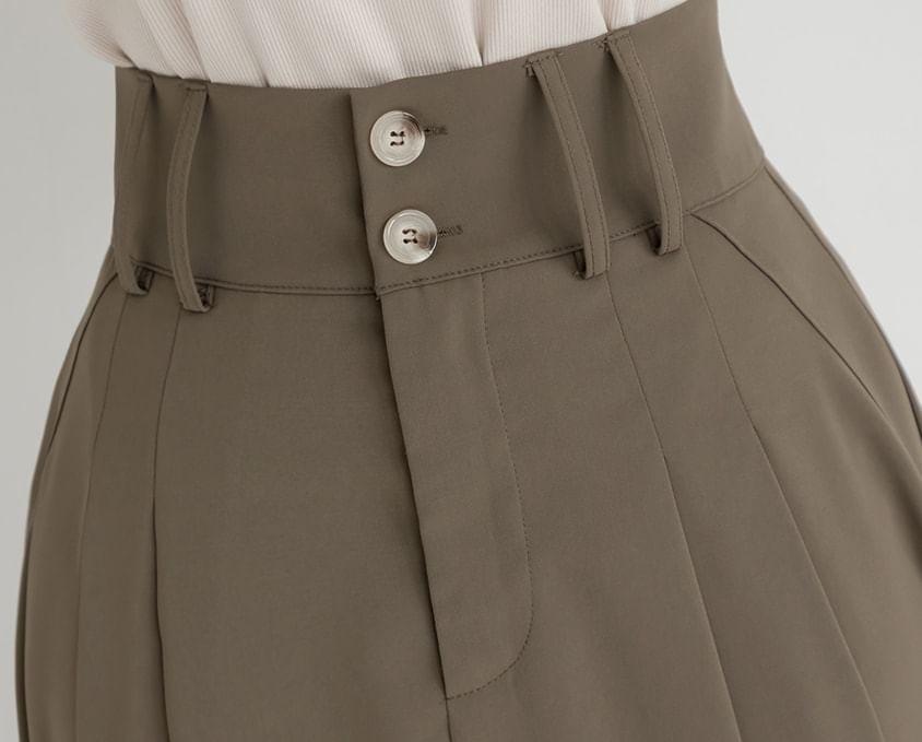 [L-3XL] High Rise Plain Button-Detail Plain Midi Pleated Skirt Product Image