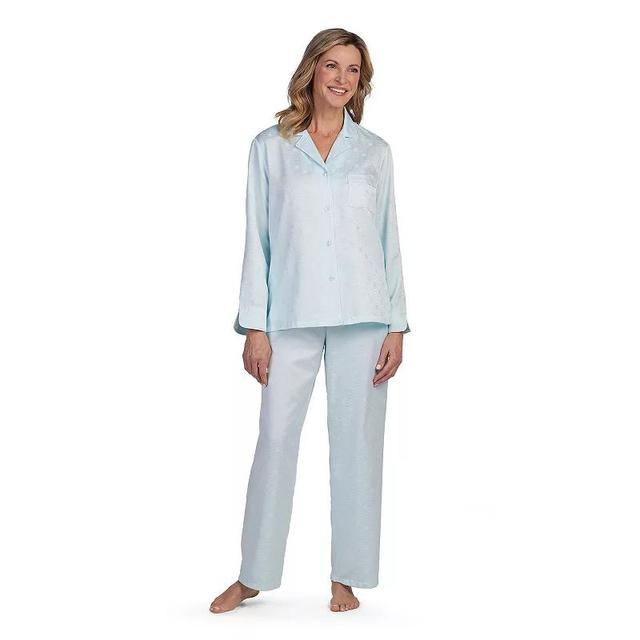 Petite Miss Elaine Essentials Brushed Back Satin Pajama Top & Pajama Bottom Set, Womens Blue Product Image