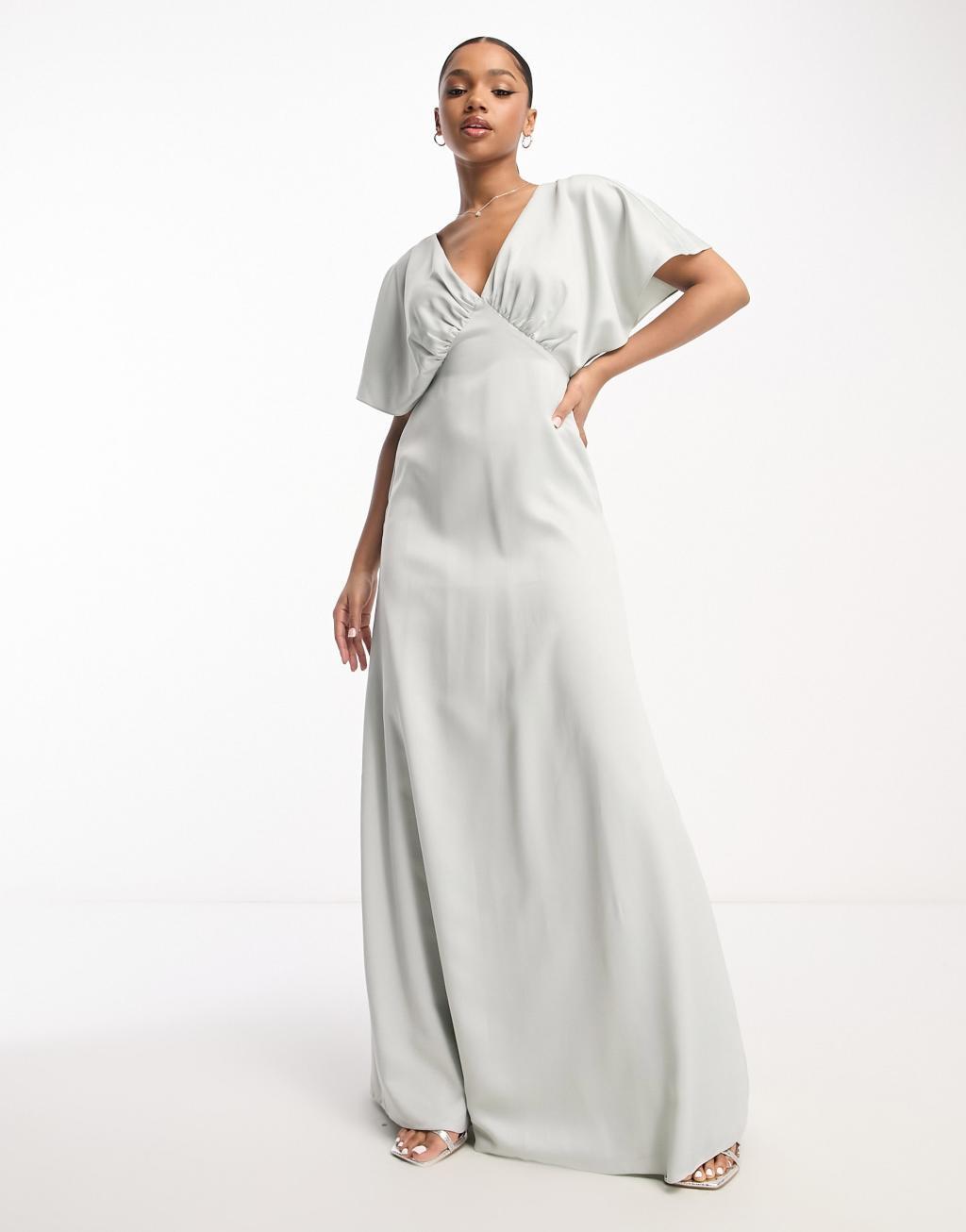 Maya Bridesmaid cape sleeve satin maxi dress in pale gray Product Image