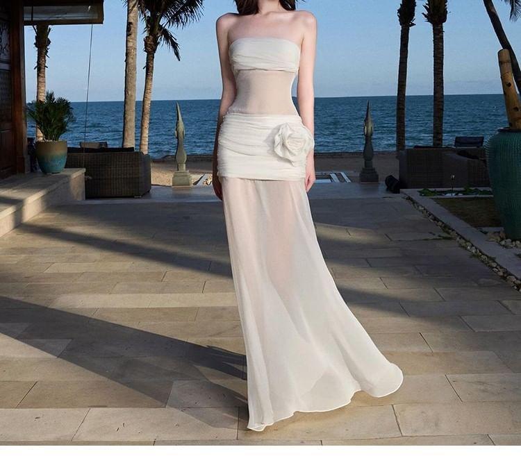 Strapless Plain Floral Accent Ruched See-Through Mesh Maxi Mermaid Dress Product Image