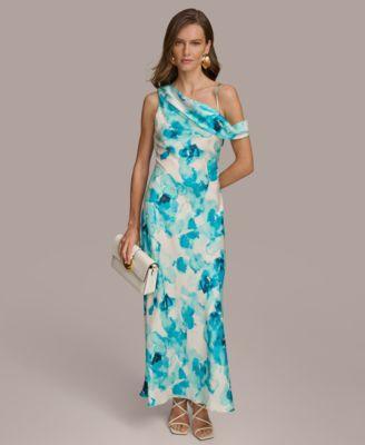 Donna Karen Womens Printed One-Shoulder Draped Gown Product Image