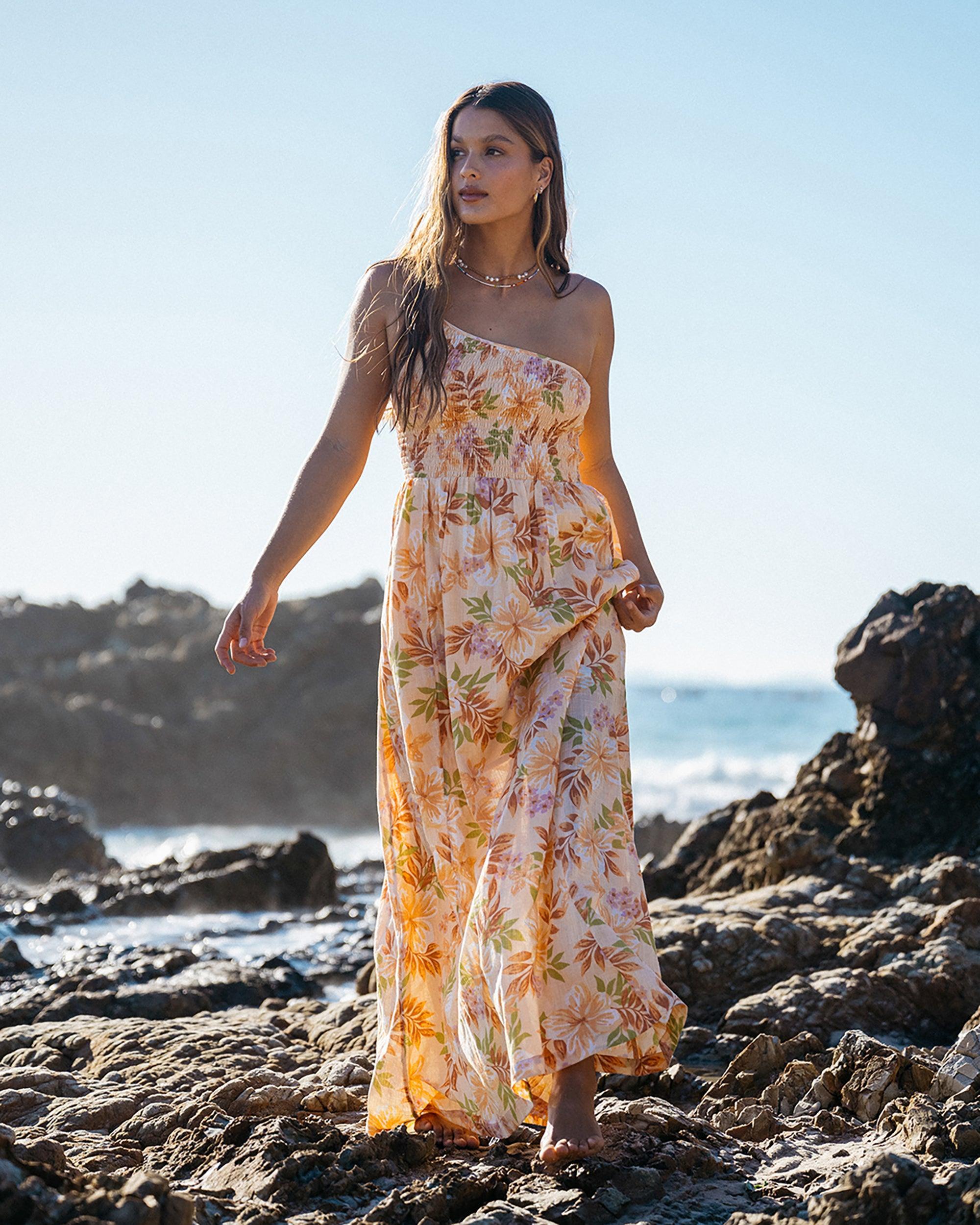 Warmer Days One Shoulder Maxi Dress - Peach Whip Female Product Image