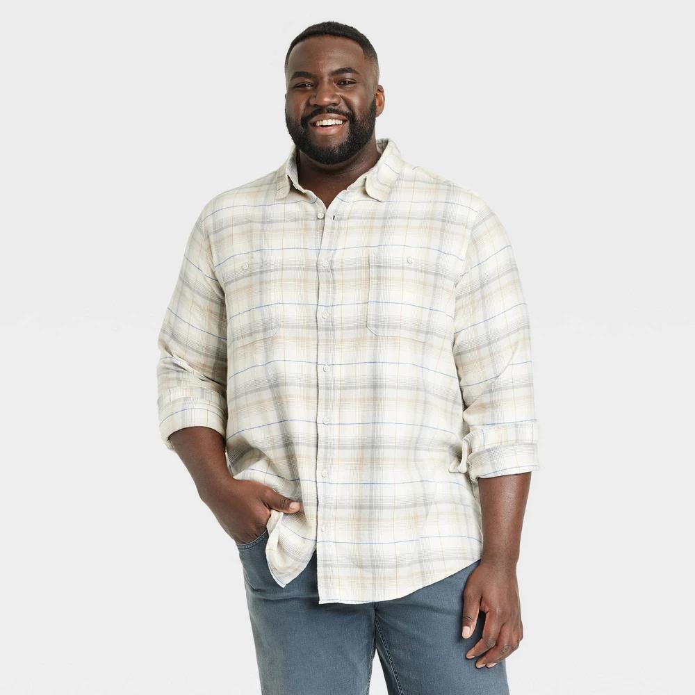 Mens Big & Tall Mid-Weight Flannel Long Sleeve Button-Down Shirt - Goodfellow & Co Cream LT Product Image