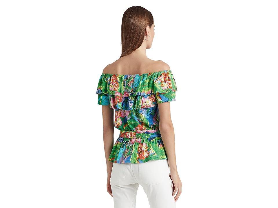 LAUREN Ralph Lauren Petite Floral Jersey Off-the-Shoulder Top Blue Multi) Women's Clothing Product Image