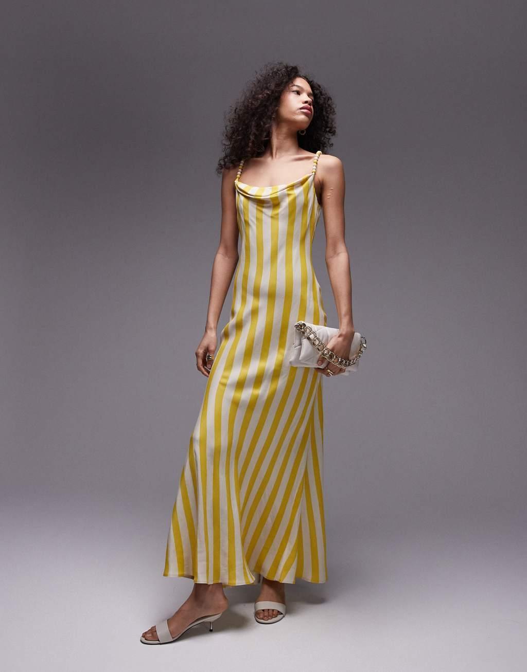 Topshop premium cami slip midi dress with beaded straps in yellow stripe print Product Image