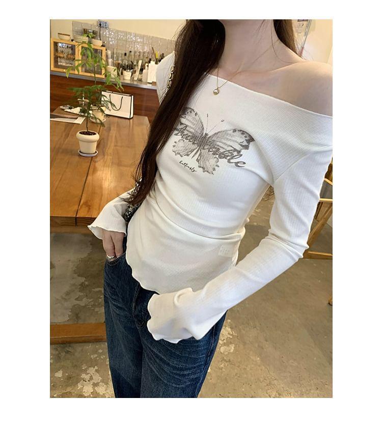 Long-Sleeve Off-Shoulder Butterfly Print T-Shirt Product Image