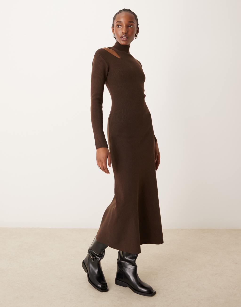 River Island cut out turtle neck midi dress in dark brown Product Image