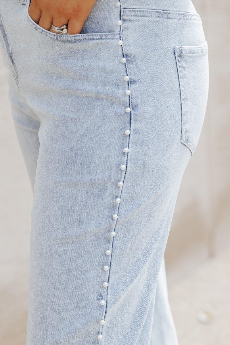 Light Wash Pearl Detail Cropped Jeans - DOORBUSTER Product Image