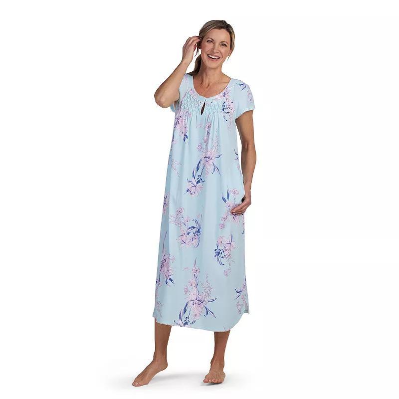 Womens Miss Elaine Essentials Floral Print Short Sleeve Cottonessa Long Nightgown Blue Bouquets Product Image