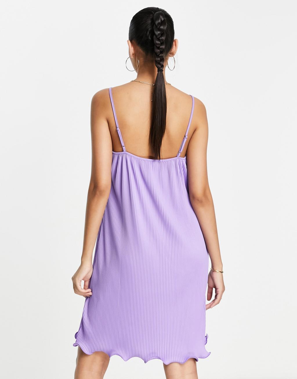 River Island ring detail plisse cami mini dress in lilac Product Image