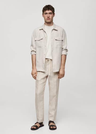 MANGO MAN - 100% linen slim-fit striped pants beigeMen Product Image