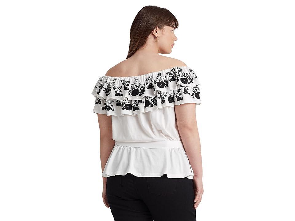 LAUREN Ralph Lauren Plus Size Embroidered Jersey Off-the-Shoulder Top Black) Women's Clothing Product Image