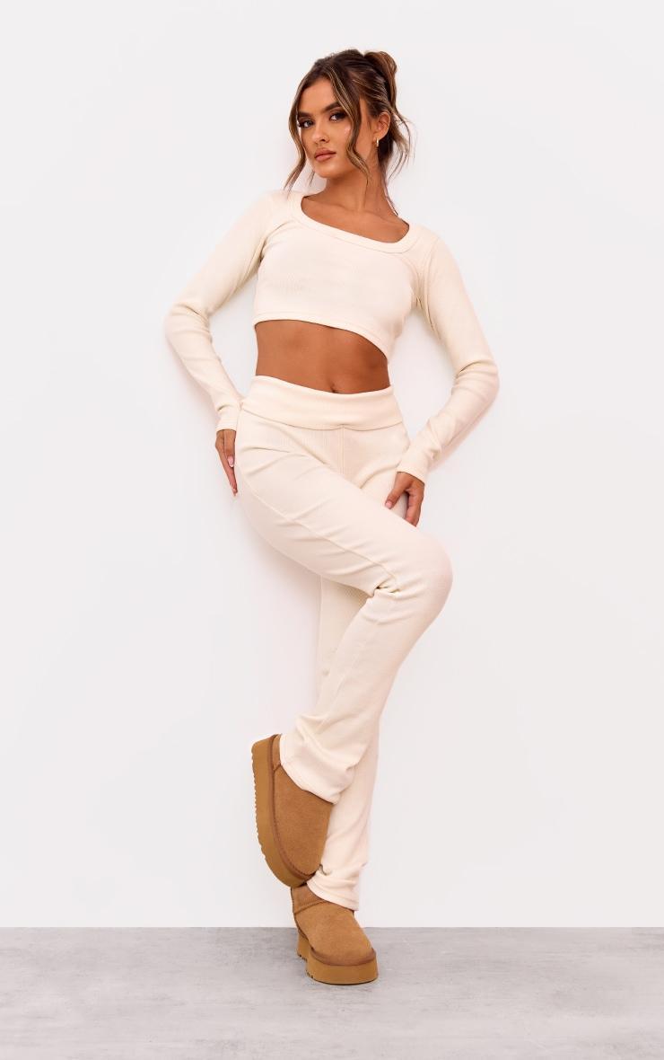 Cream Rib Scoop Neck Long Sleeve Crop Top Product Image