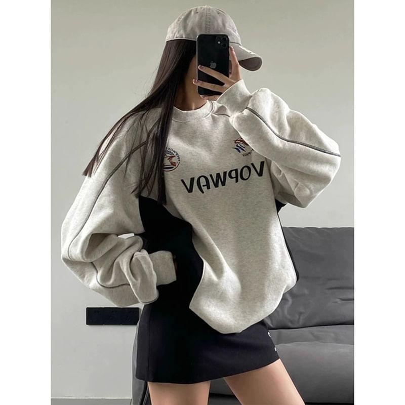 Crew Neck Lettering Print Contrast Stitch Panel Sweatshirt Product Image