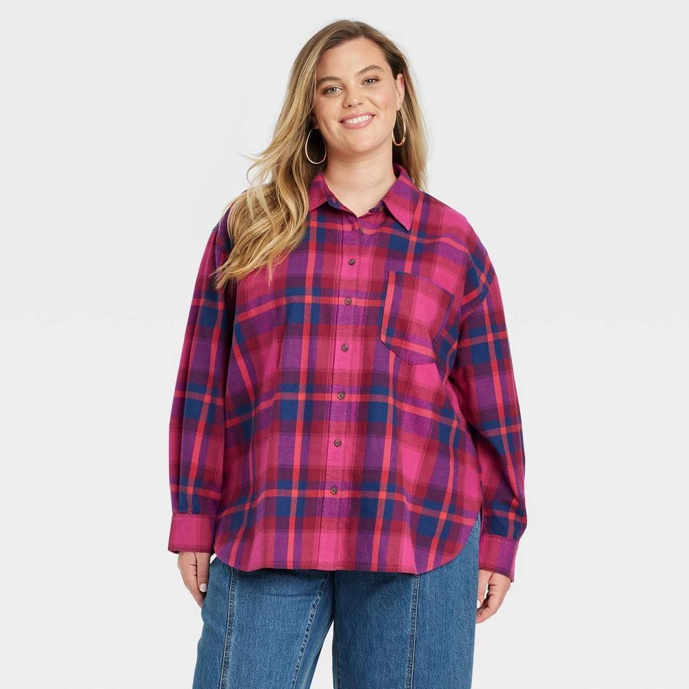 Womens Oversized Flannel Long Sleeve Collared Button-Down Shirt - Universal Thread Plaid 1X Product Image