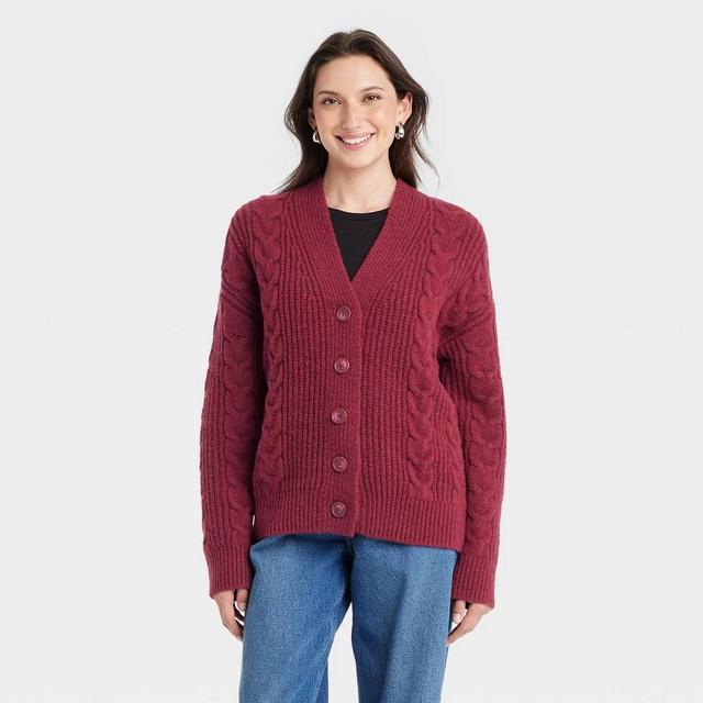 Womens Cozy Knit Cable Stitch Cardigan - Universal Thread Maroon XS Product Image