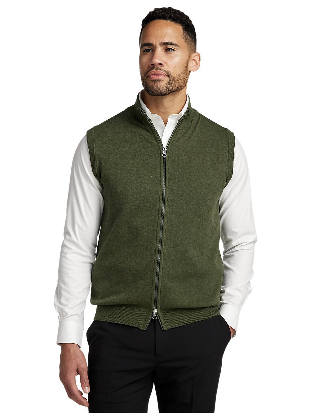 Cotton Full Zip Mock Neck Vest - Olive Product Image