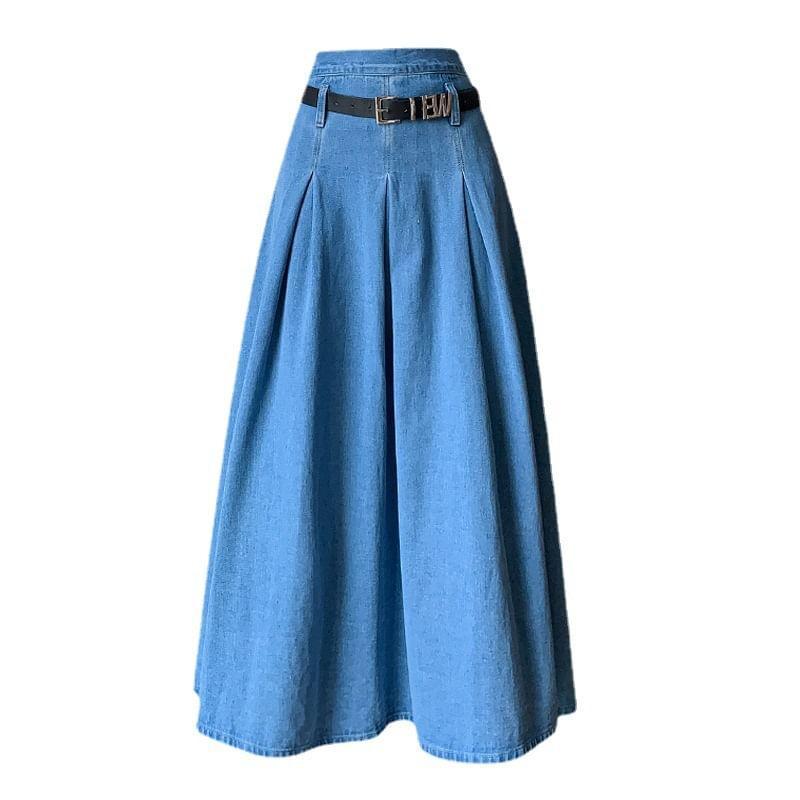 High Waist Washed Pleated Maxi A-Line Denim Skirt / Belt Product Image