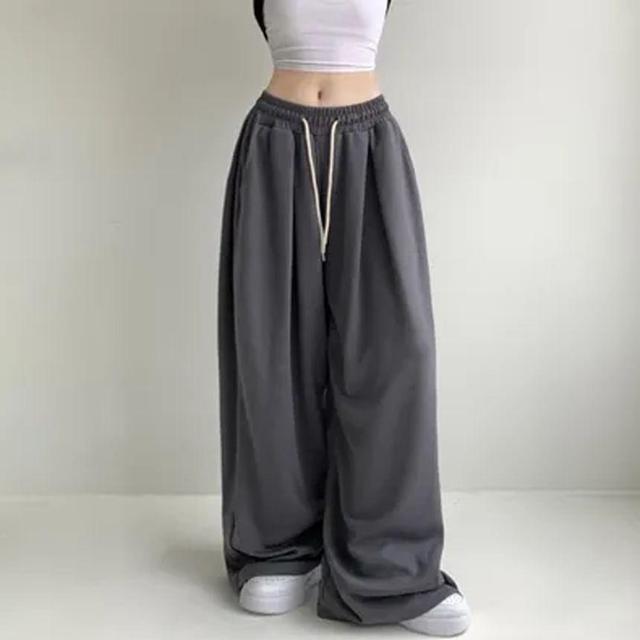 Drawstring Waist Plain Fleece-Lined Wide Leg Sweatpants Product Image