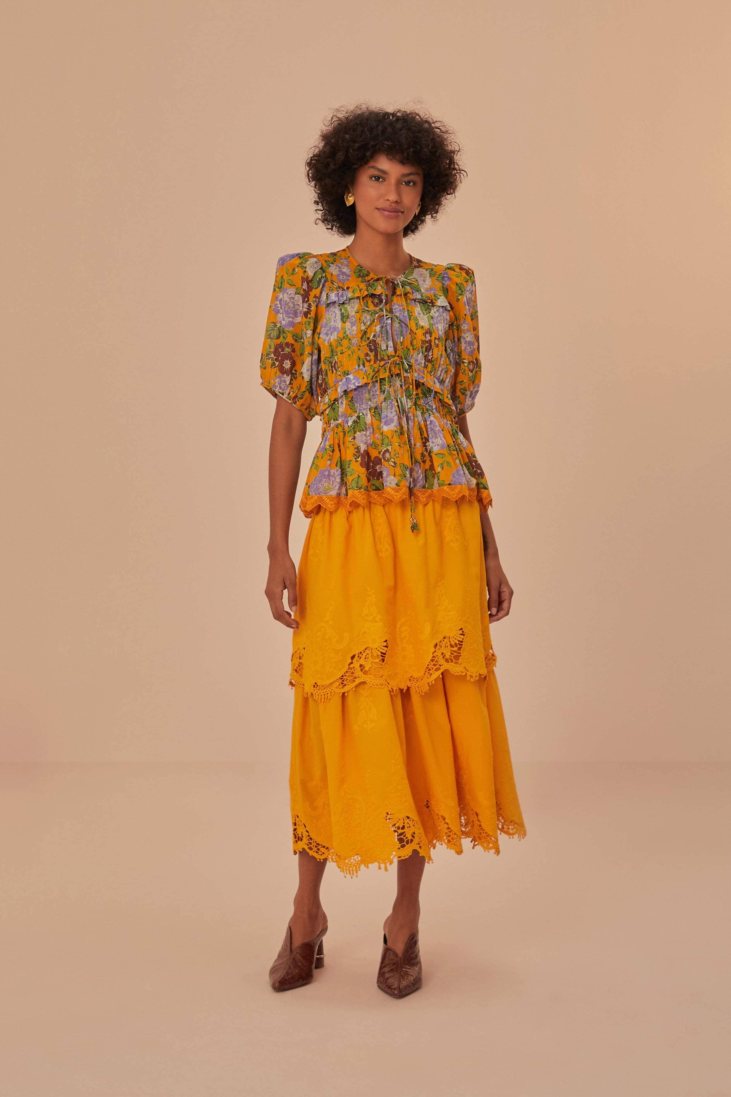 Yellow Mustard Tiered Lace Midi Skirt Product Image