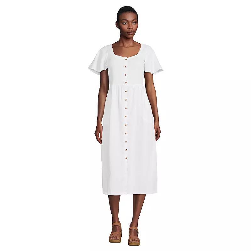 Petite Lands End Linen Sweetheart Button Front Midi Dress, Womens Product Image