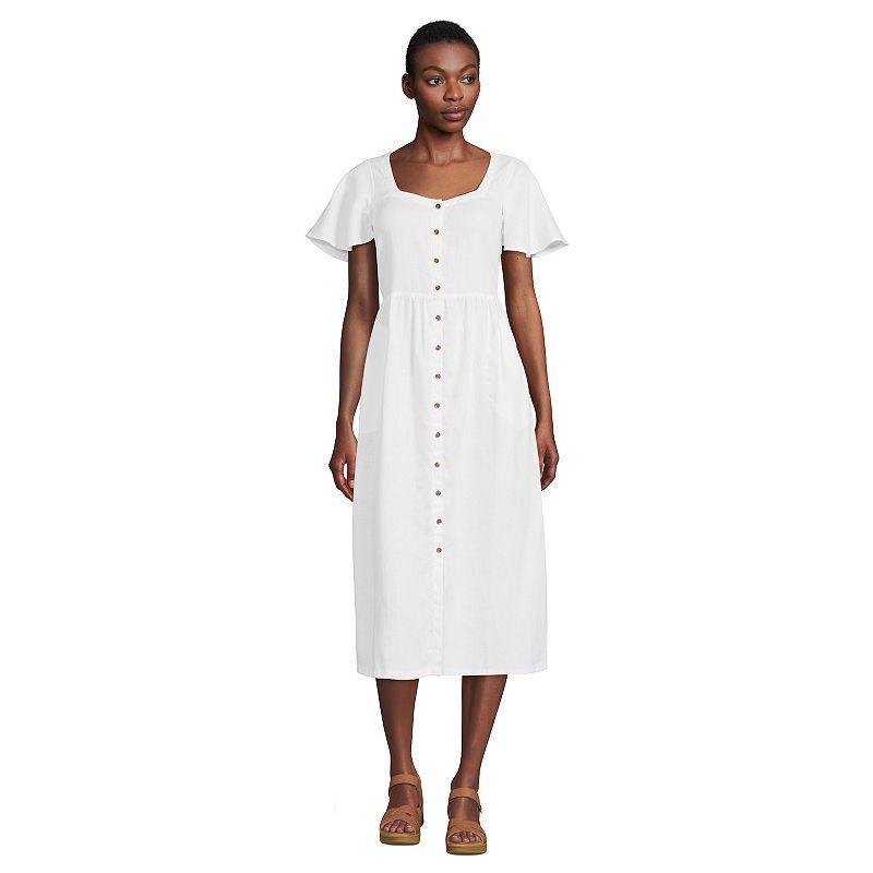 Petite Lands End Linen Sweetheart Button Front Midi Dress, Womens Product Image