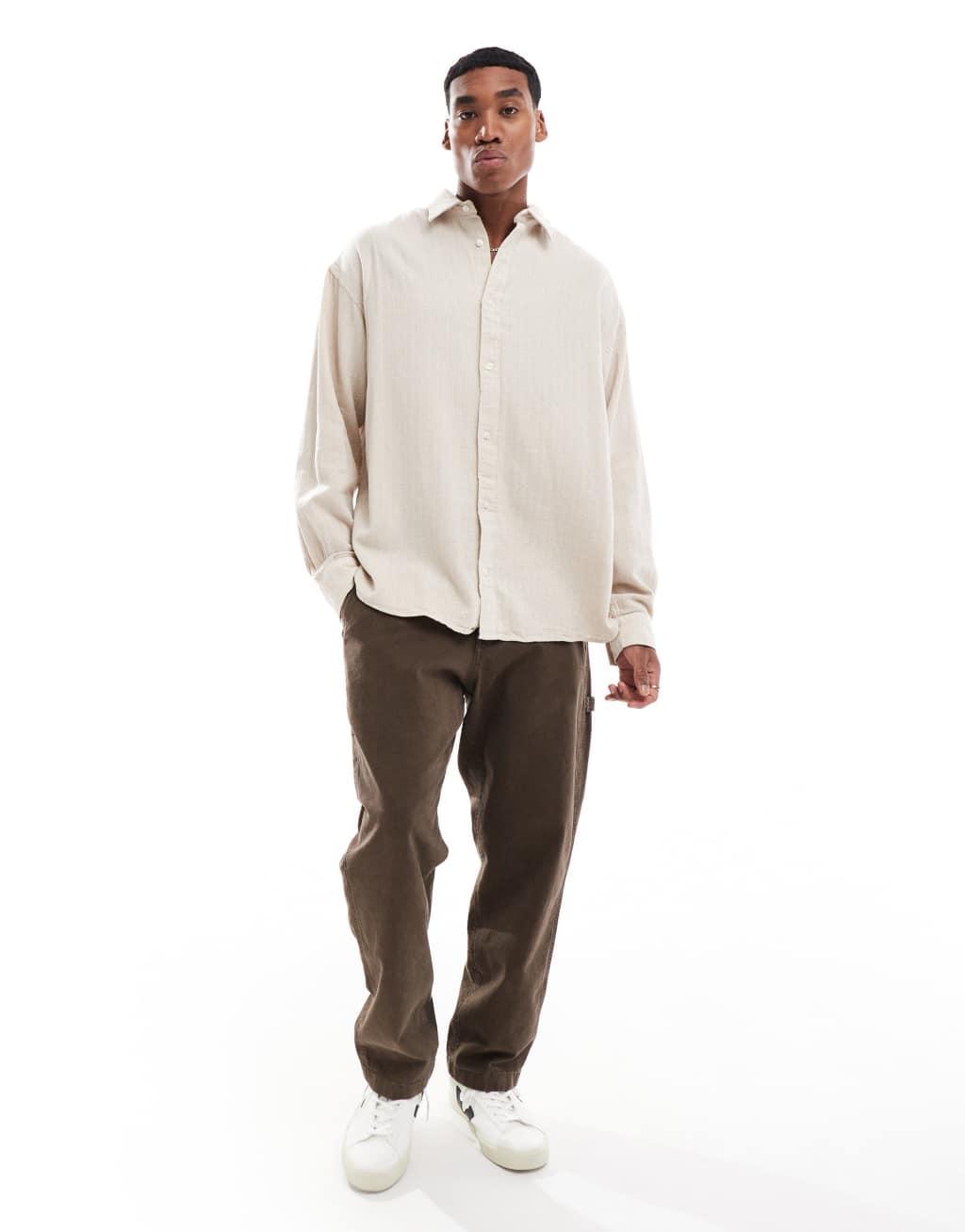 Jack & Jones oversized textured shirt in beige Product Image