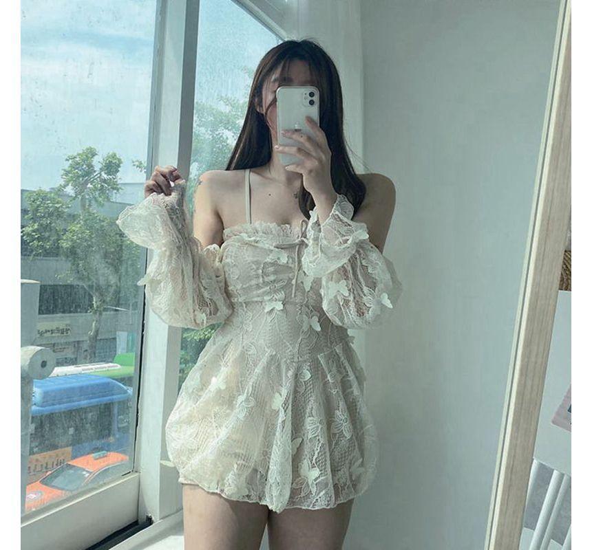 Long-Sleeve Cold Shoulder Butterfly Applique Lace Swimsuit Product Image