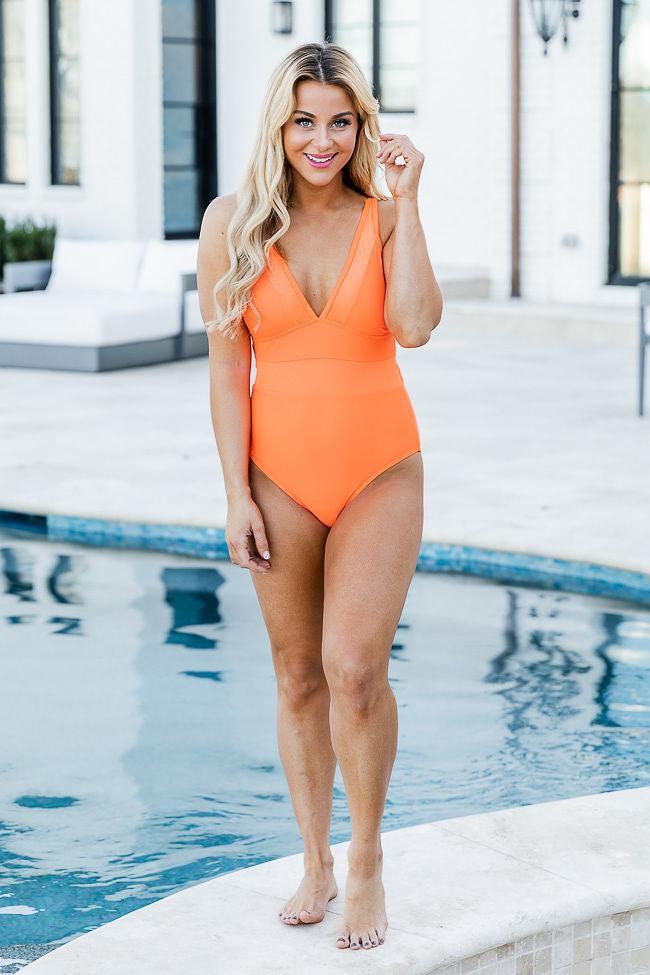 Lost In The Waves Bright Orange V-Neck One Piece Swimsuit FINAL SALE Product Image