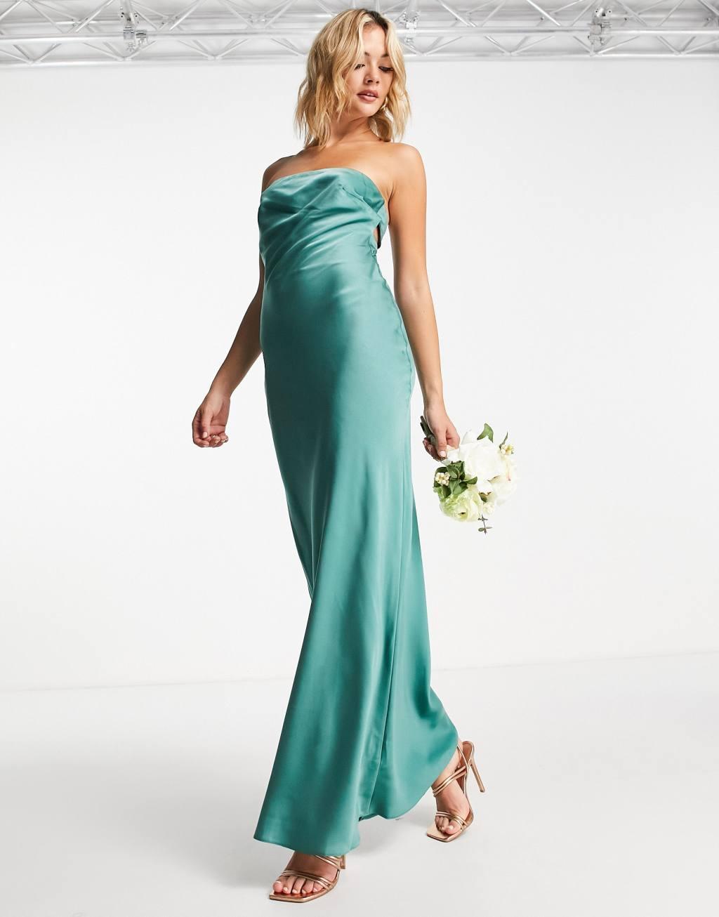 ASOS DESIGN Bridesmaid satin bandeau maxi dress with button back detail in teal Product Image