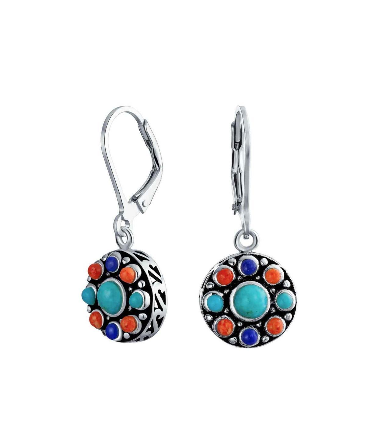 Bling Jewelry Multi Stone Lapis Turquoise Orange Coral Medallion Dangle Earrings For Women Oxidized .925 Sterling Silver Lever Back Product Image