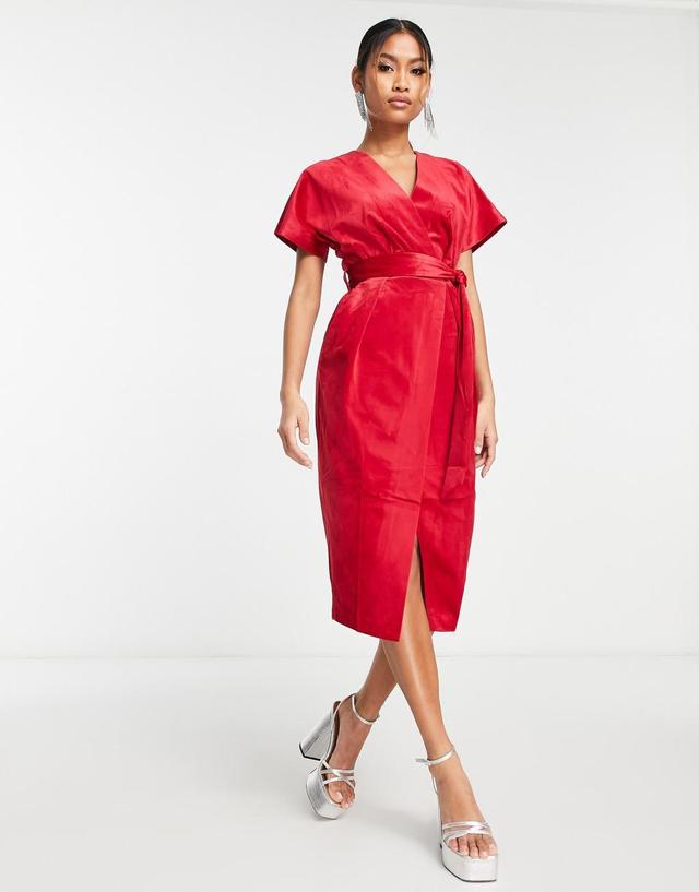 Closet London kimono sleeve velvet midi dress with wrap tie in red Product Image