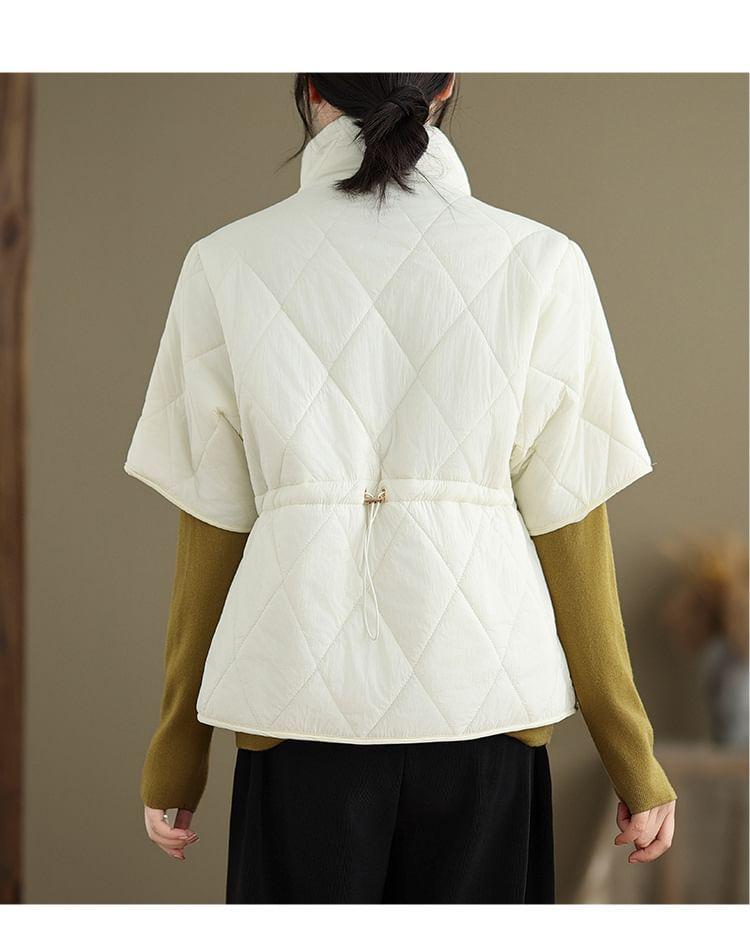 Short Sleeve Stand Collar Plain Quilted Drawstring Waist Zip Jacket Product Image