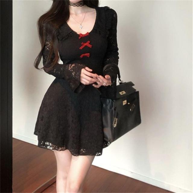 Long Sleeve Scoop Neck Ruffle Trim Lace Mini A-Line Dress Product Image