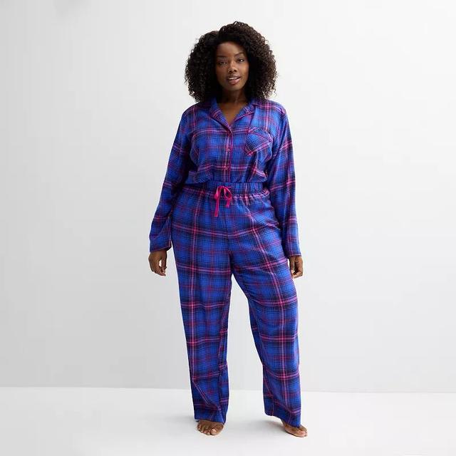 Plus Size Sonoma Goods For Life Flannel Notch Pajama Top & Pajama Bottoms Set, Womens Purple Black Plaid Product Image