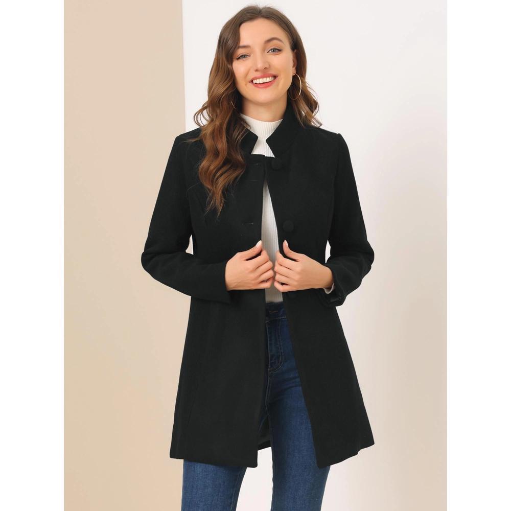 Allegra K Women's Winter Stand Collar Single Breasted Mid-thigh Long Overcoat Black Small Product Image