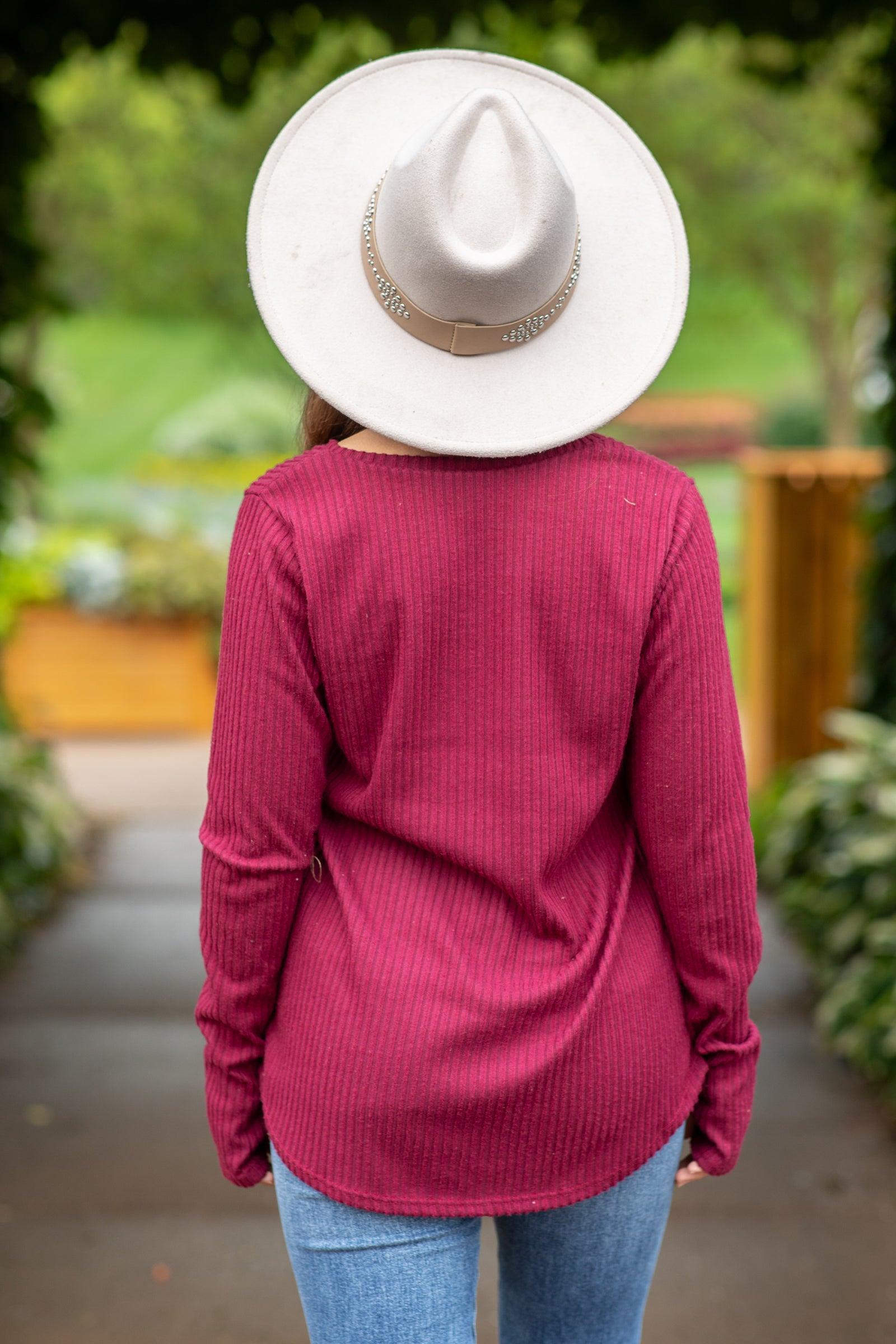 Burgundy V-Neck Ribbed Top With Thumbholes Product Image