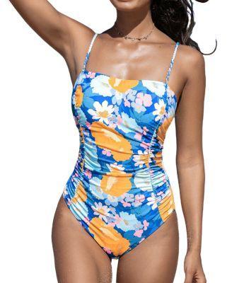 Cupshe Womens Floral Shirred Square Neck Tummy Control One-Piece blue Product Image