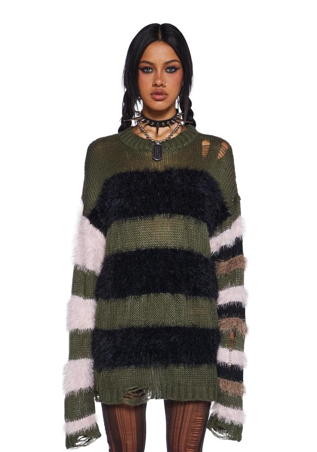 Current Mood Punquetee Punk Rock Striped Mixed Yarn Fuzzy Distressed Oversized Sweater - Green Product Image