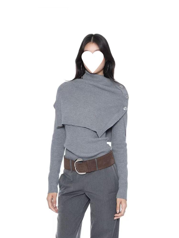 Set: Plain Sweater + Mock Neck Button Capelet Product Image