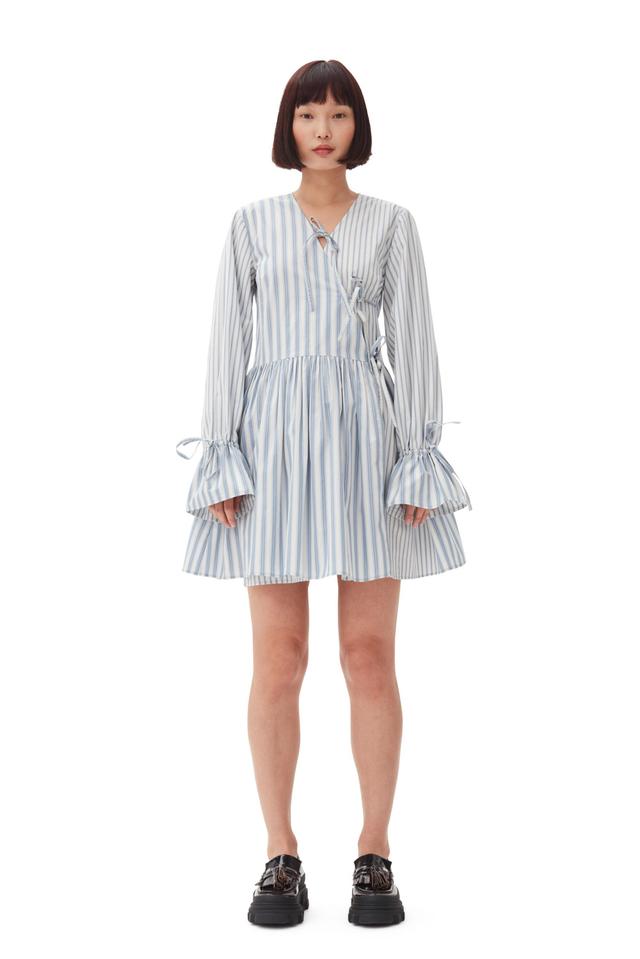 Blue Stripe Cotton Mini Wrap Dress Product Image