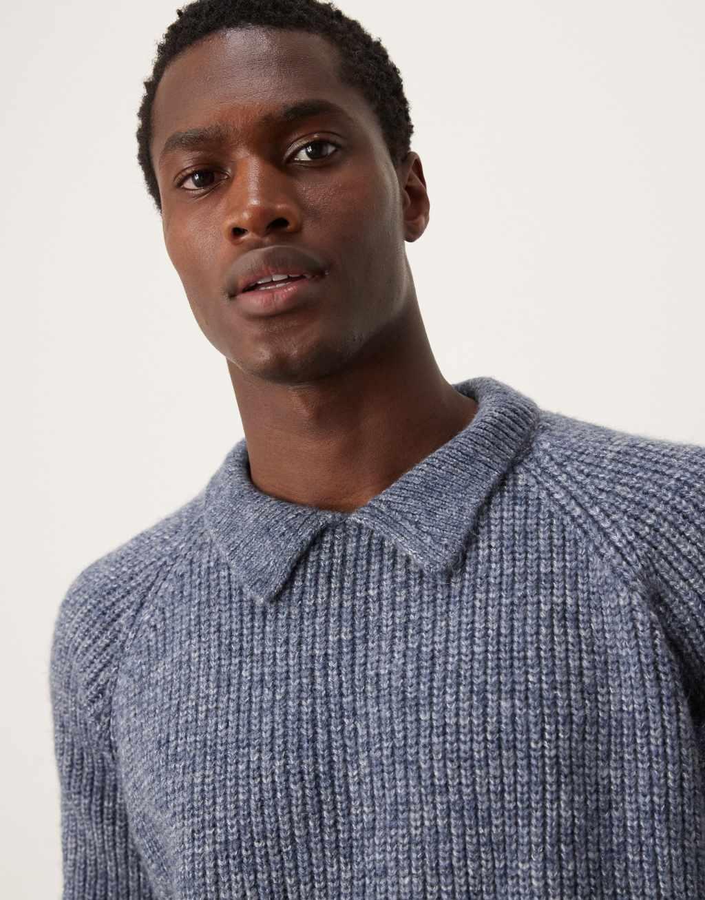 ASOS DESIGN oversized boxy fit heavyweight knitted wool mix cable sweater with collar in blue heather Product Image