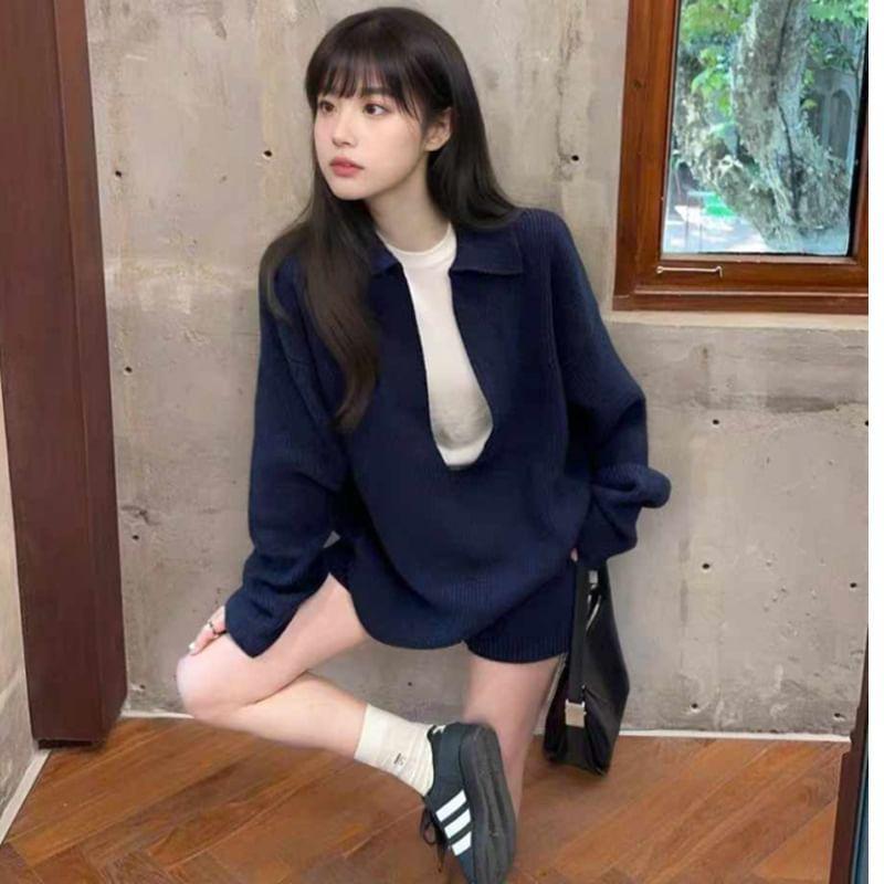 Set: Long-Sleeve Polo-Neck Plain Sweater + High Waist Shorts Product Image