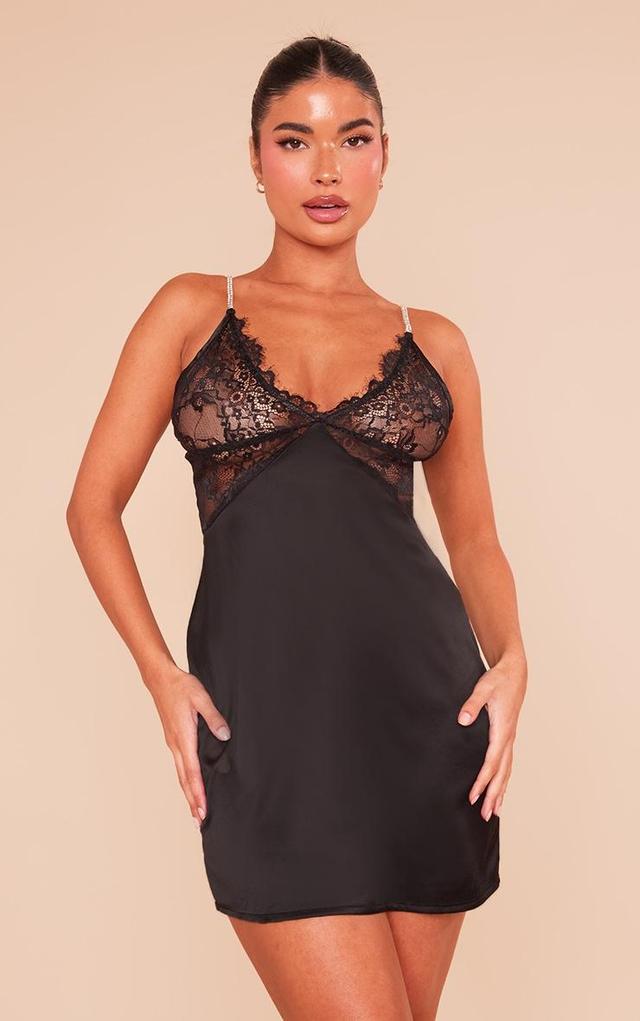 Petite Black Satin Lace Cup Mini Dress With Diamante Strap Product Image