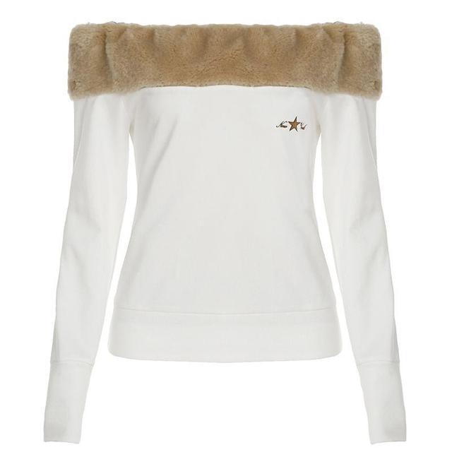 Long Sleeve Off-Shoulder Furry-Trim Star Embroidered Slim-Fit Top Product Image