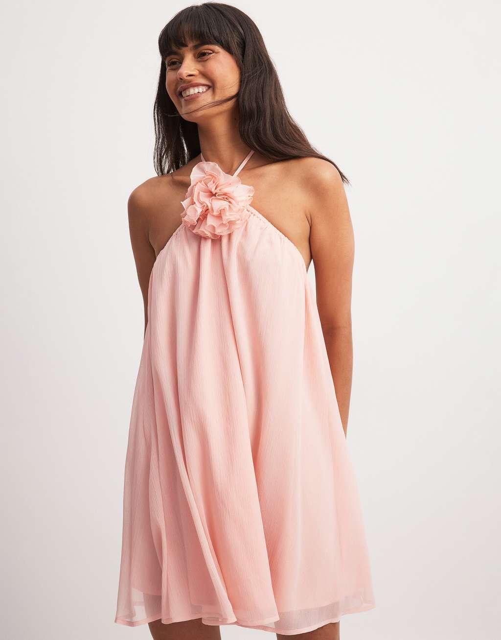 NA-KD chiffon flower detail mini dress in pink Product Image