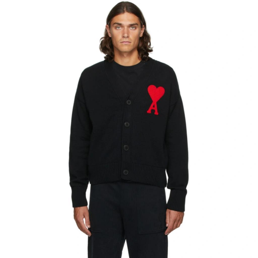 Ami Ami De Coeur Heart Intarsia Cardigan In Noir Rouge Product Image