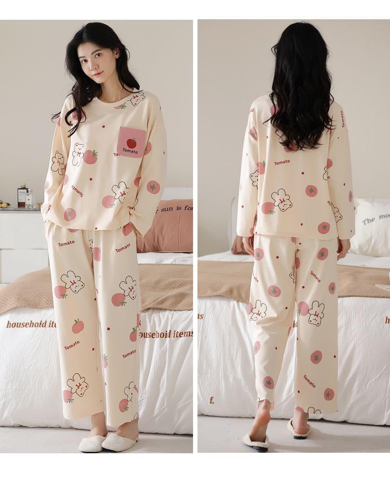 Loungewear Set : Long-Sleeve Bear Print Padded T-Shirt + Pants Product Image