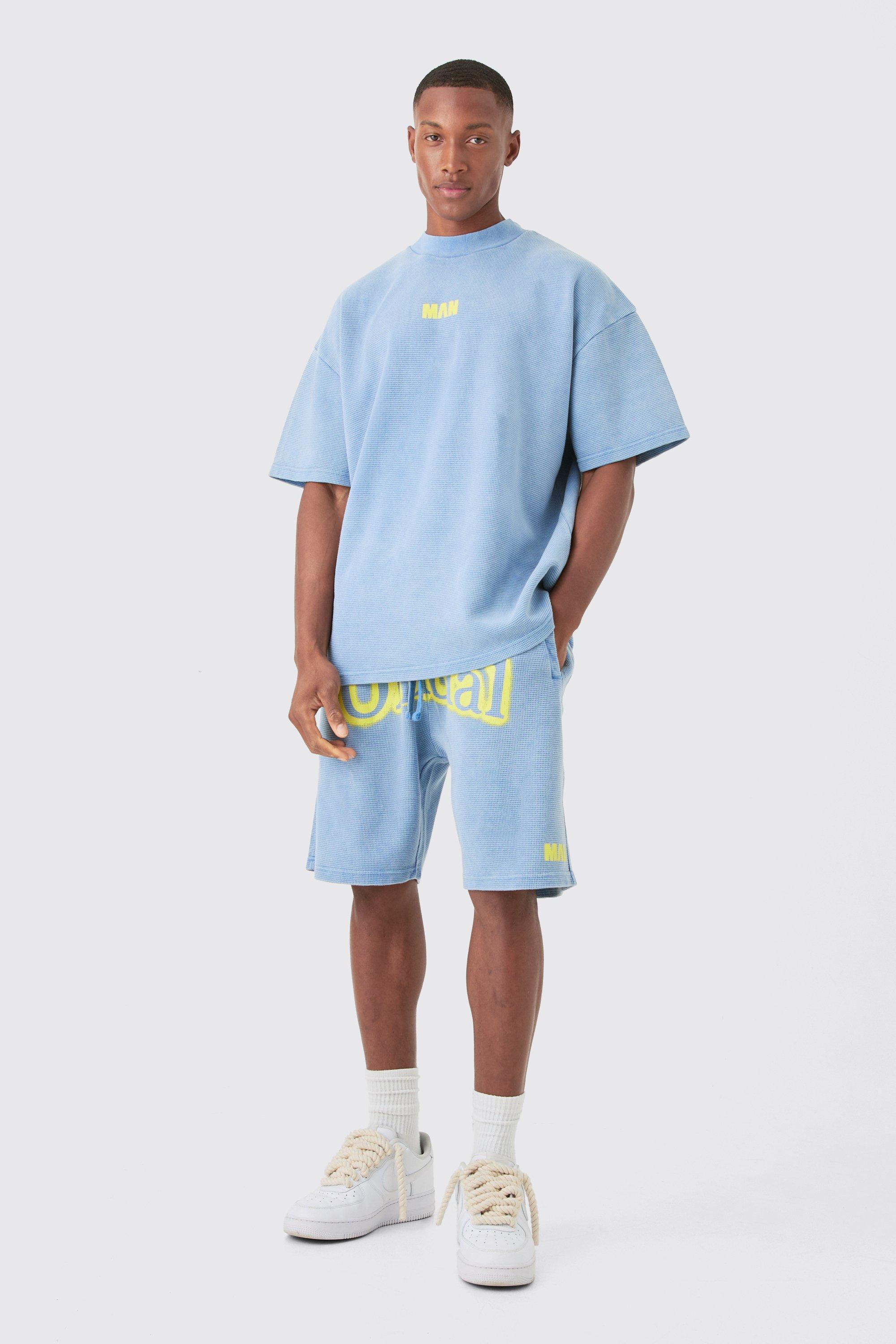 Oversized Washed Heavy Waffle Graphic T-shirt & Shorts Set | boohooMAN USA Product Image